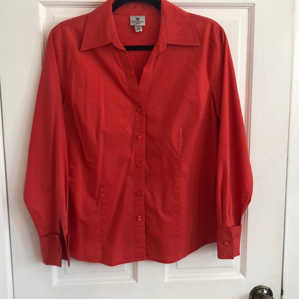 Coral red button-up Worthington stretch blouse